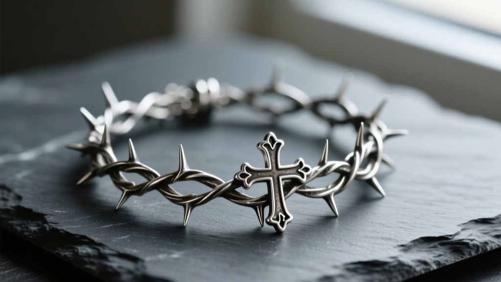 Close-up of an oxidized sterling silver cross crown of thorns necklace on dark slate, highlighting intricate woven thorn details.