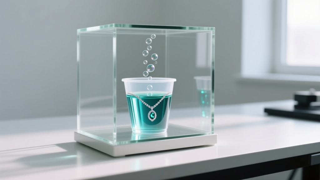 Vacuum degassing chamber on a workbench, showing bubbles rising to the surface of a silicone cup filled with clear jewelry resin.