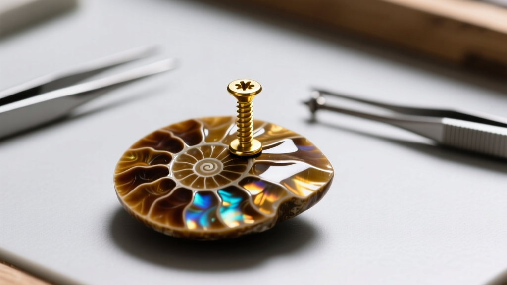 Close-up of a workbench showing an 18-gauge gold screw-back post being attached to a heavy, polished ammonite fossil cabochon.