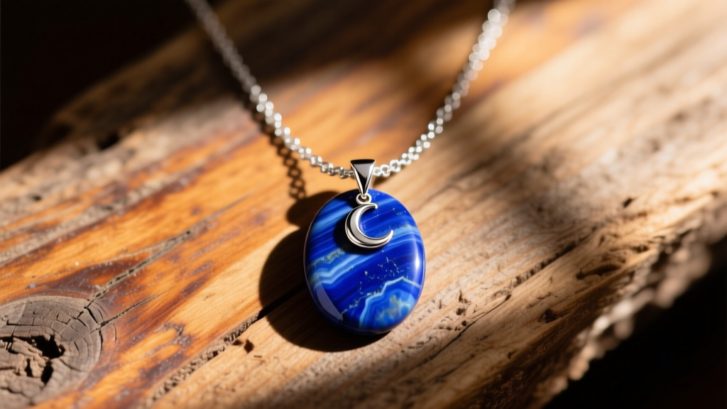 Flatlay of a lapis lazuli pendant layered with a delicate silver chain and small crescent moon charm on a rustic wooden surface.