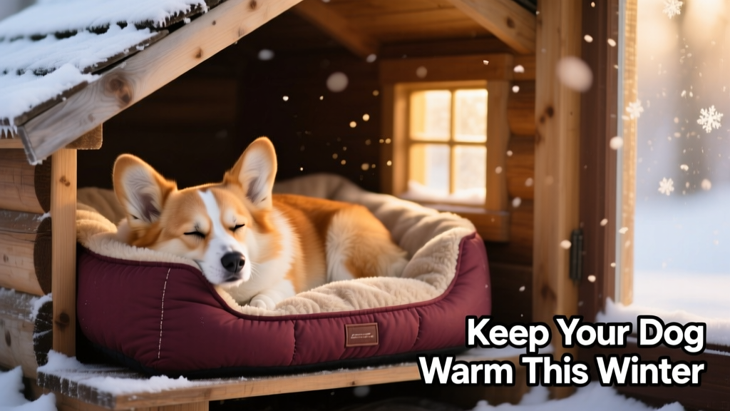 Close-up of a dog nestled into a plush, insulated dog bed inside a raised wooden dog house