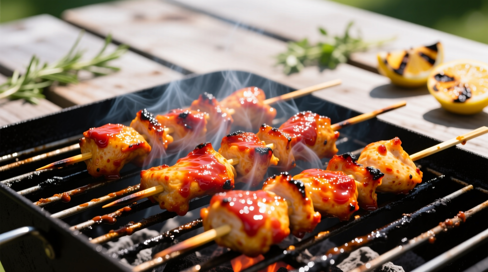 Summer grilling season showing achiote-marinated chicken skewers - visual appeal matters most for outdoor entertaining dishes
