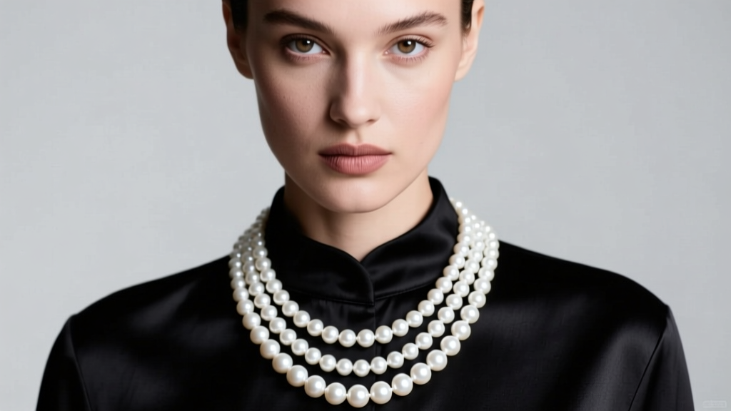 Model wearing a 30-inch white Akoya pearl opera necklace over black silk, soft studio lighting, high fashion editorial close-up