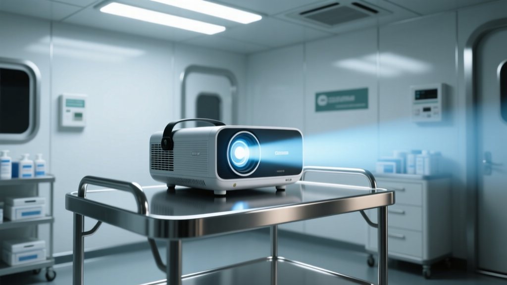 Portable projector on a sterile steel medical cart, illuminated by harsh fluorescent overhead lighting in a mobile field clinic.