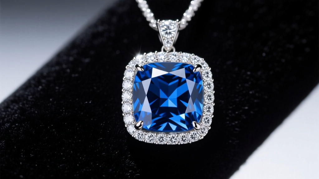 Close-up of a 15-carat cushion-cut blue diamond pendant with a white diamond halo on dark velvet under dramatic studio lighting.