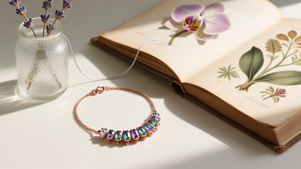 Flat lay of a copper and lab-grown diamond caterpillar necklace beside a glass jar and an open vintage botanical art book.
