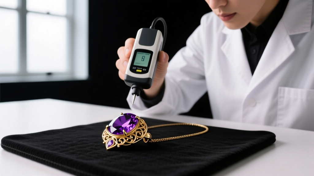 Jeweler using a handheld XRF analyzer to test the composition of a purple gold pendant on a black neoprene jeweler mat