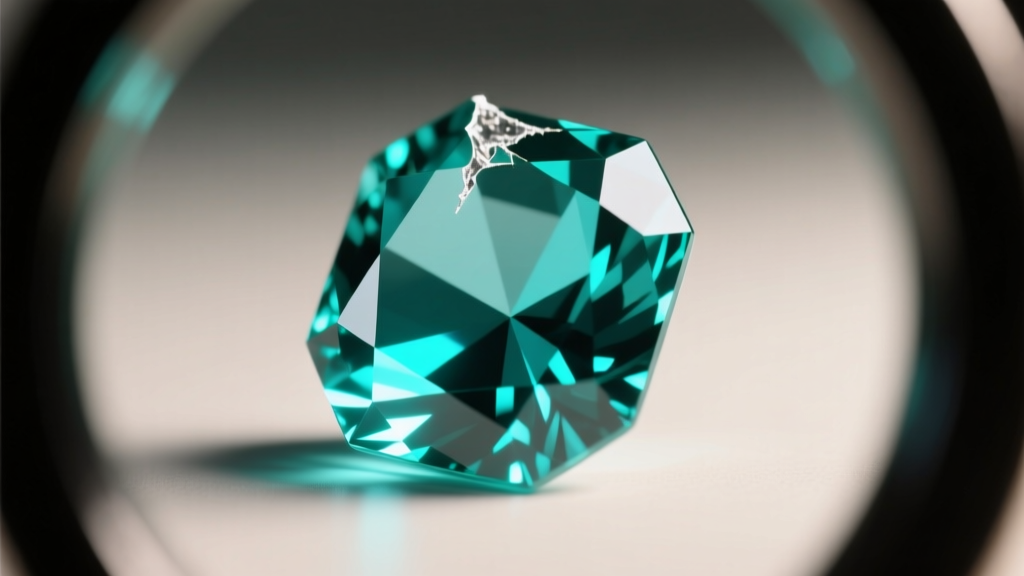 Loupe view of an emerald cut aquamarine showing a small chip on the top corner, lit by bright directional jewelry lighting.