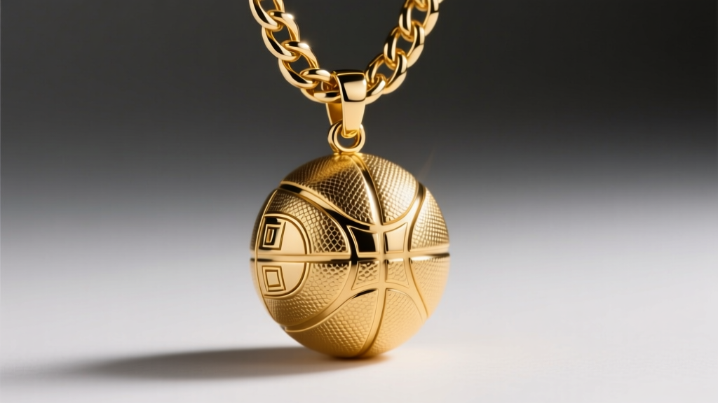 Close-up of a heavy custom basketball-themed gold pendant on a thick Cuban link chain, illuminated by dramatic studio lighting.