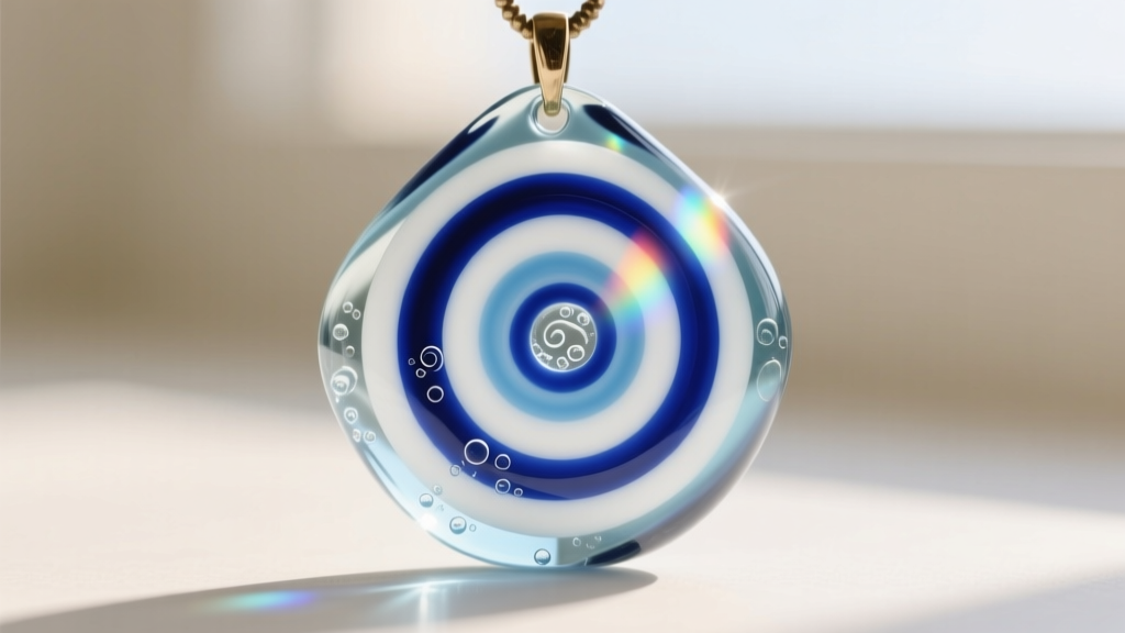 Macro shot of a traditional Turkish hand-blown glass nazar pendant showing distinct cobalt, white, and light blue concentric rings