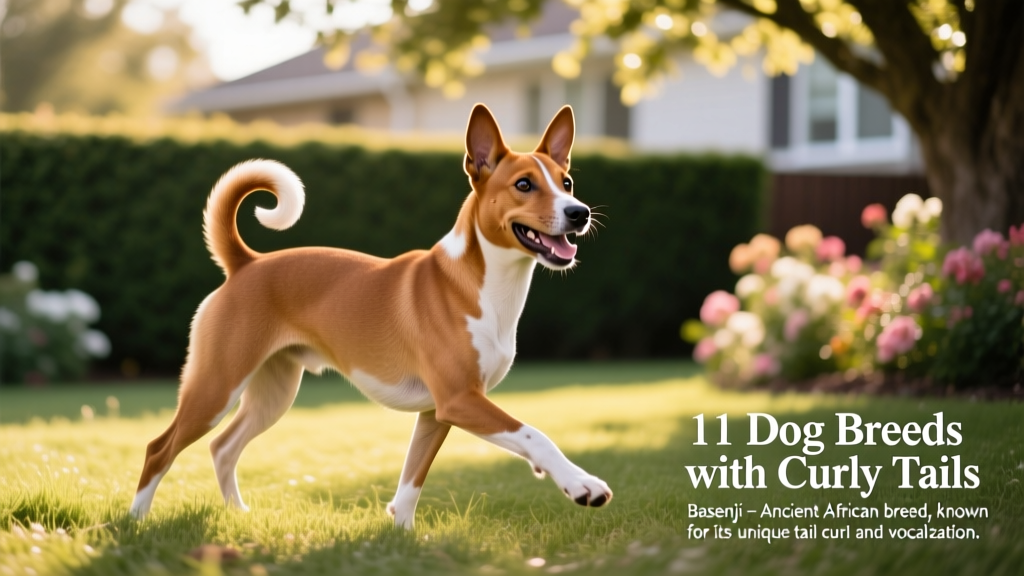 A joyful Basenji sitting outdoors, tail curled tightly over its back