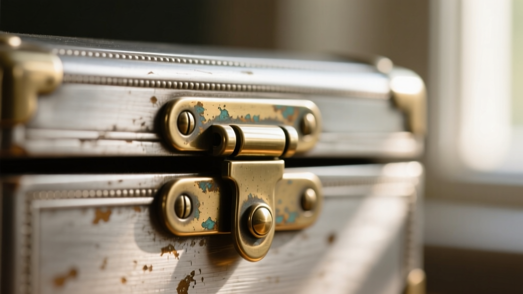 Macro close-up of a silver-plated brass hinge on a vintage jewelry box showing slight oxidation and micro-scratches on the metal