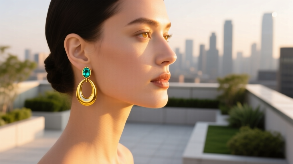 Side profile of a woman wearing medium yellow gold tanzanite drop hoop earrings, illuminated by warm golden hour sunlight.