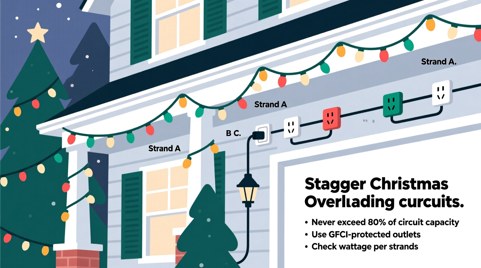 how to stagger christmas light strands for fullness without overloading circuits