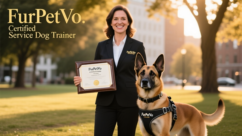 A certified FurPetVo trainer receiving a certificate and smiling beside a well-behaved service dog