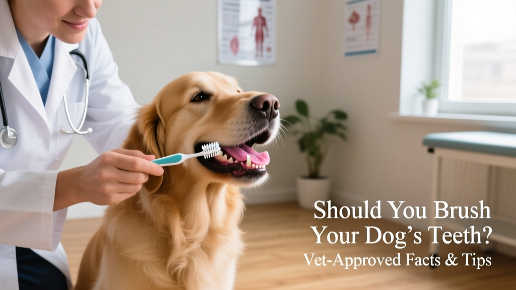 Close-up of a veterinarian gently brushing a calm dog's teeth with a pet-safe toothbrush