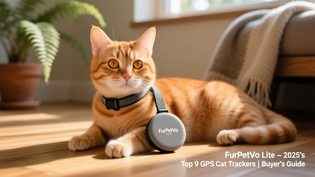 FurPetVo Lite tracker—a minimalist, disc-shaped device with a breathable nylon collar band, shown on a ginger cat