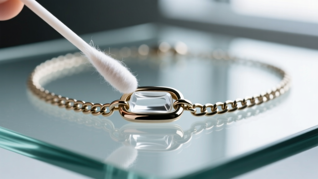 Macro shot of a cotton swab applying clear protective polish to the clasp of a base-metal chain necklace on a glass surface.