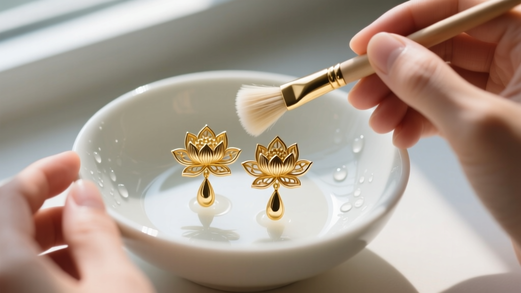 Hands cleaning delicate gold lotus flower drop earrings with a soft bristle brush and mild soapy water in a small ceramic bowl.
