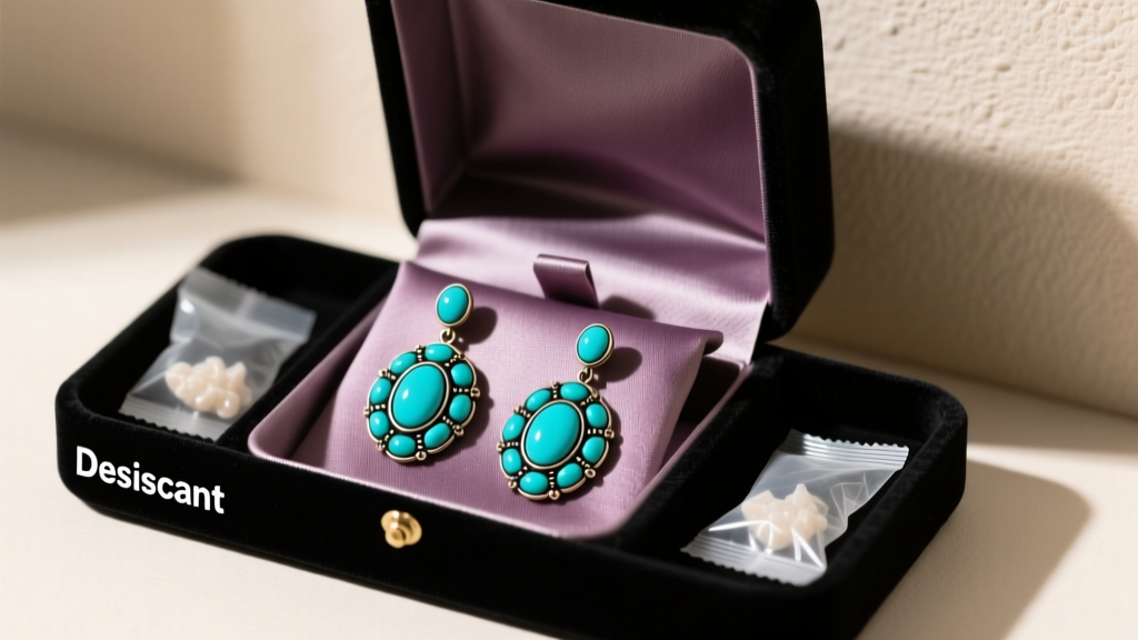 Velvet box storing turquoise concho earrings with silica gel packets and a treated cloth to prevent heavy silver oxidation damage