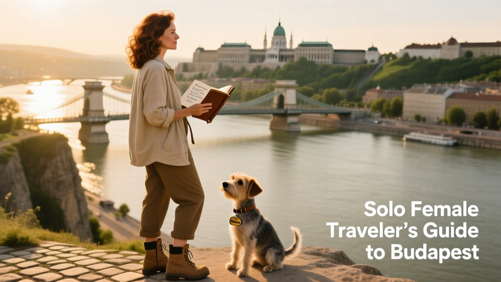 A solo female traveler gazing out over Budapest’s skyline and the Danube River from a scenic vantage point