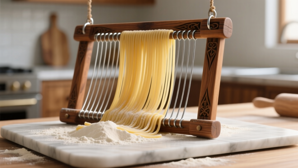 Traditional wooden spaghetti alla chitarra frame with taut steel wires resting on a marble pastry board dusted with semolina flour