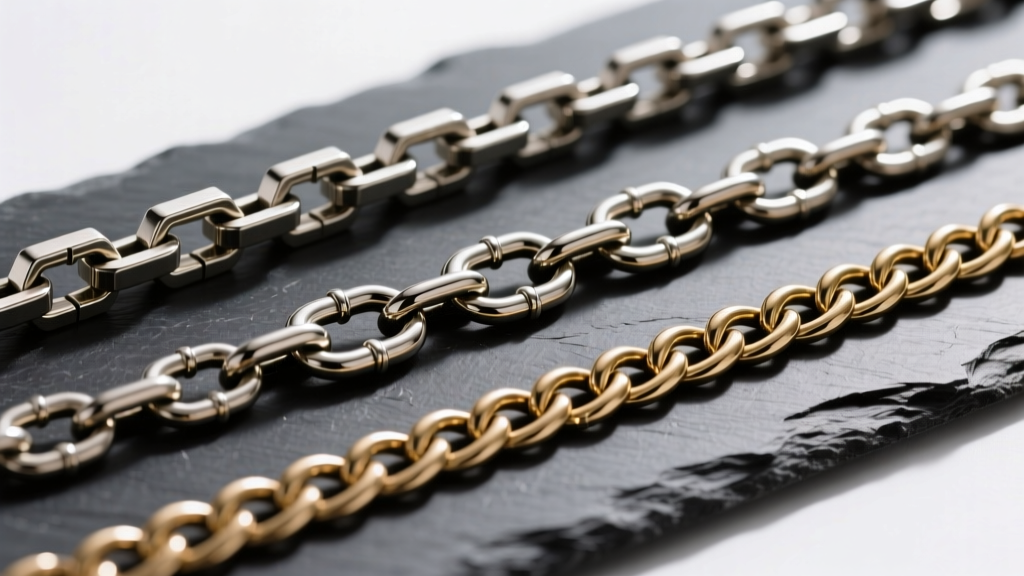 Macro photography of three distinct 24-inch chain links: a box chain, a mariner link, and a figaro chain, laid flat on dark slate