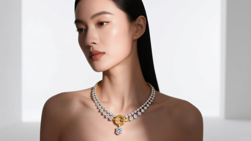 Woman wearing a 30-inch long diamond necklace with the gold clasp slipped to the front collarbone, showing the flipping problem.