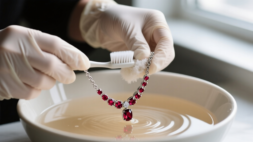 Hands in nitrile gloves gently scrubbing a silver ruby chain necklace with a soft toothbrush in a bowl of warm soapy water.