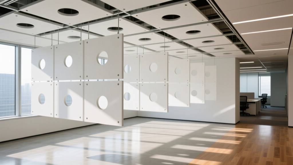 White perforated gypsum ceiling tiles with round hole patterns installed in a modern commercial office suspended grid