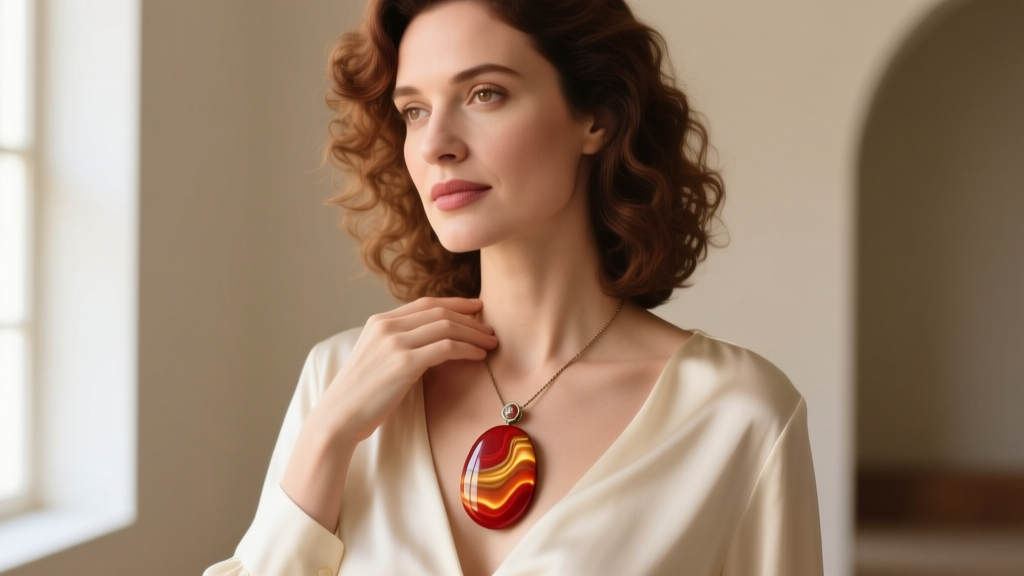 Woman wearing a 20-inch mookaite pendant over cream silk blouse, soft window light emphasizing the warm red and yellow stone hues.