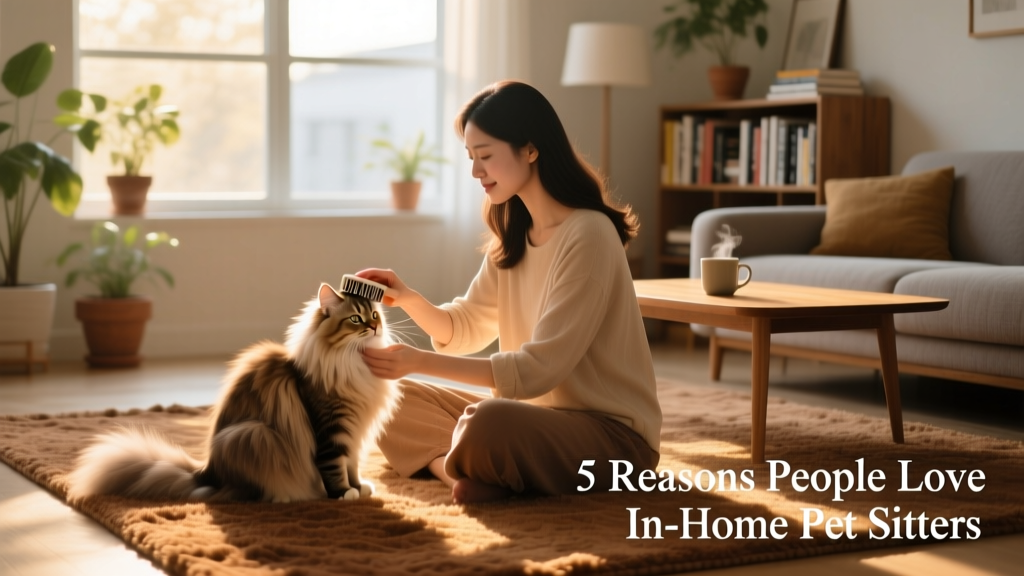 A gentle hand brushing a long-haired cat while sitting cross-legged on a cozy rug, with natural light streaming through a nearby window