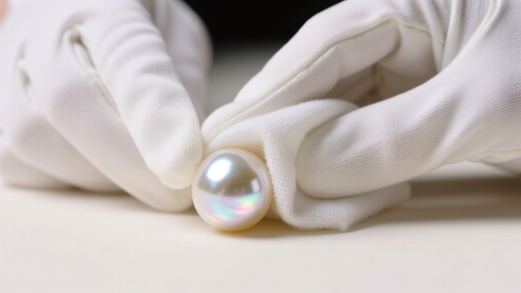 Hands in cotton gloves gently wiping a round South Sea pearl with a damp microfiber cloth under soft, diffused studio lighting.