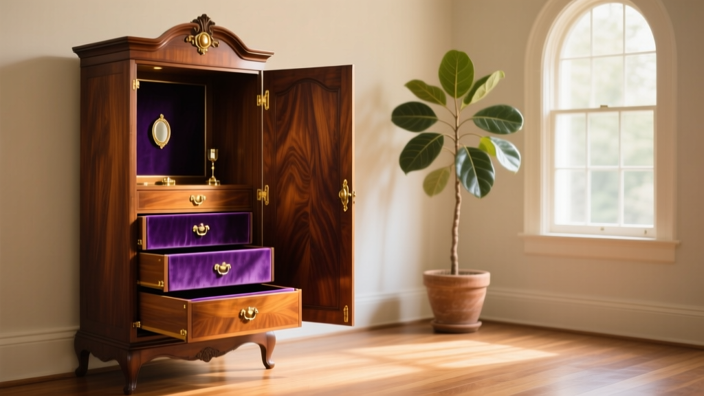 A restored 19th-century mahogany antique jewelry armoire with brass hardware, opened to reveal velvet-lined drawers in sunlit room