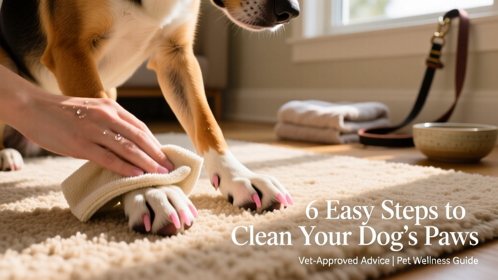 A close-up of a dog's paws being gently wiped with a soft, damp cloth