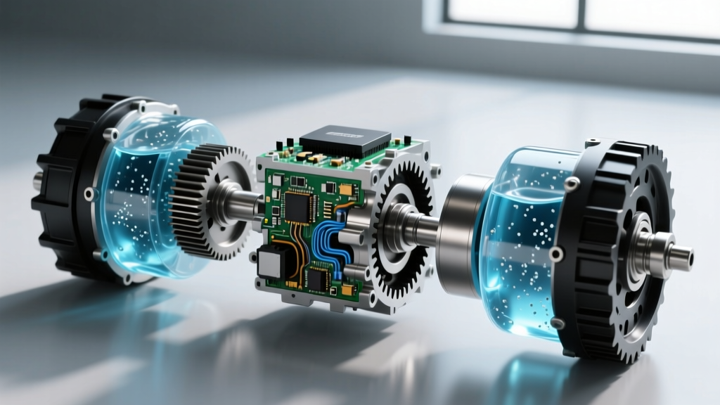 Cutaway diagram of a wet dual-clutch transmission showing the mechatronic control unit and dual clutch packs immersed in cooling fluid.