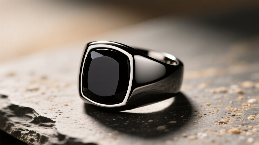 Macro shot of a black PVD coated stainless steel signet ring on slate, showing polished edges and a dark onyx stone inlay