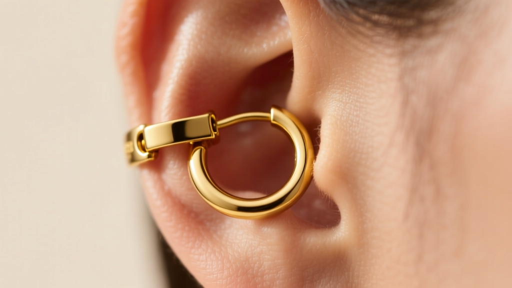 Macro shot of a 10mm 14k yellow gold huggie earring hugging an earlobe, showing a hinged closure under soft warm studio lighting