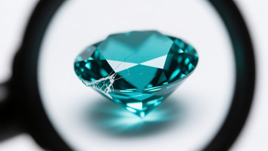 Macro loupe view of an aquamarine gemstone girdle showing a tiny edge chip, lit by cool LED light against a white background