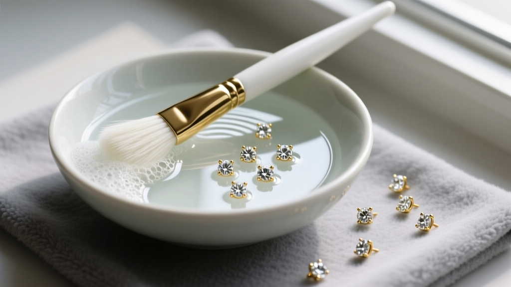 Top-down view of a ceramic bowl with soapy water, a soft brush, and 14k gold diamond studs resting on a grey microfiber cloth.