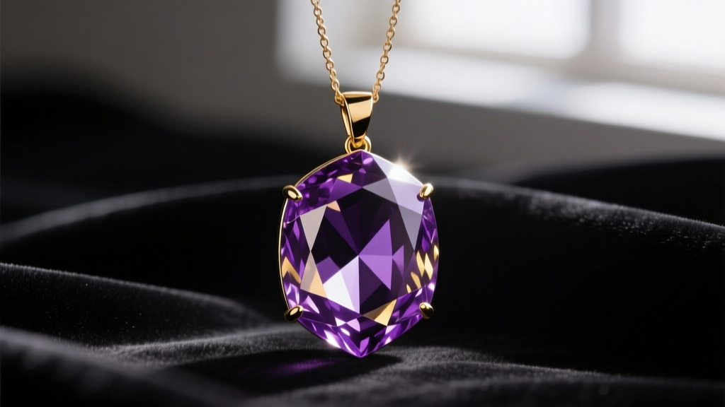 Close-up of a faceted purple gold pendant on a delicate chain, highlighting its metallic amethyst hue resting on dark velvet.