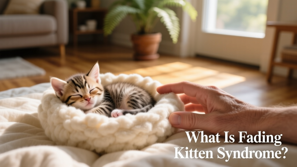 A newborn kitten nestled safely in soft bedding with its eyes closed, next to a gentle hand for scale