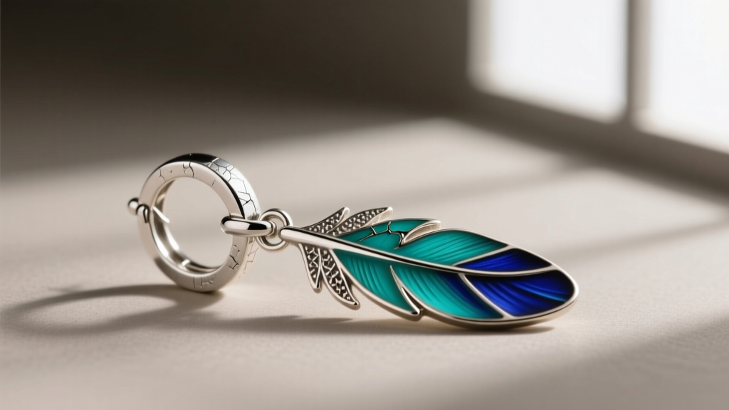 Macro shot of an 18-gauge sterling silver leverback clasp attached to a lightweight enameled feather drop earring component