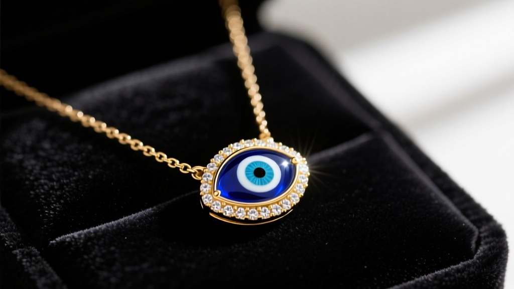 Close-up of a 14k gold Effy evil eye necklace with blue enamel center and diamond halo resting on a dark velvet jeweler's tray.