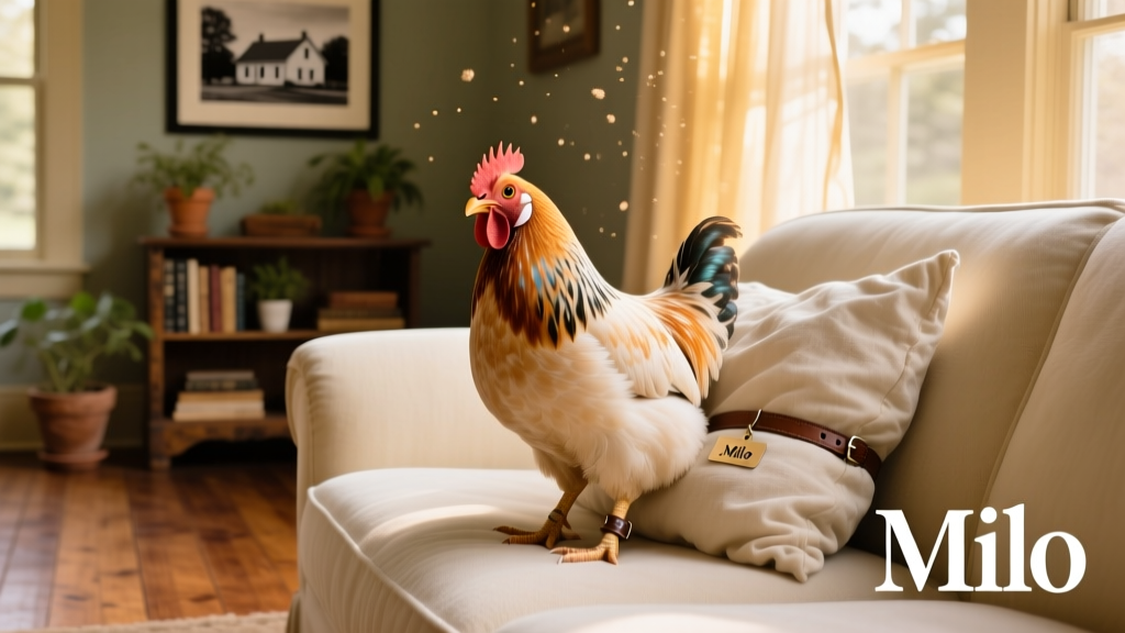 A friendly bantam chicken perched calmly on a cozy living room sofa beside a cushion