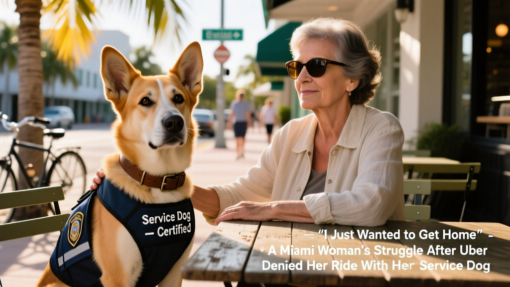 Close-up of Ted wearing his official service dog vest, sitting attentively beside Robbie Carson-Esper at a sidewalk café