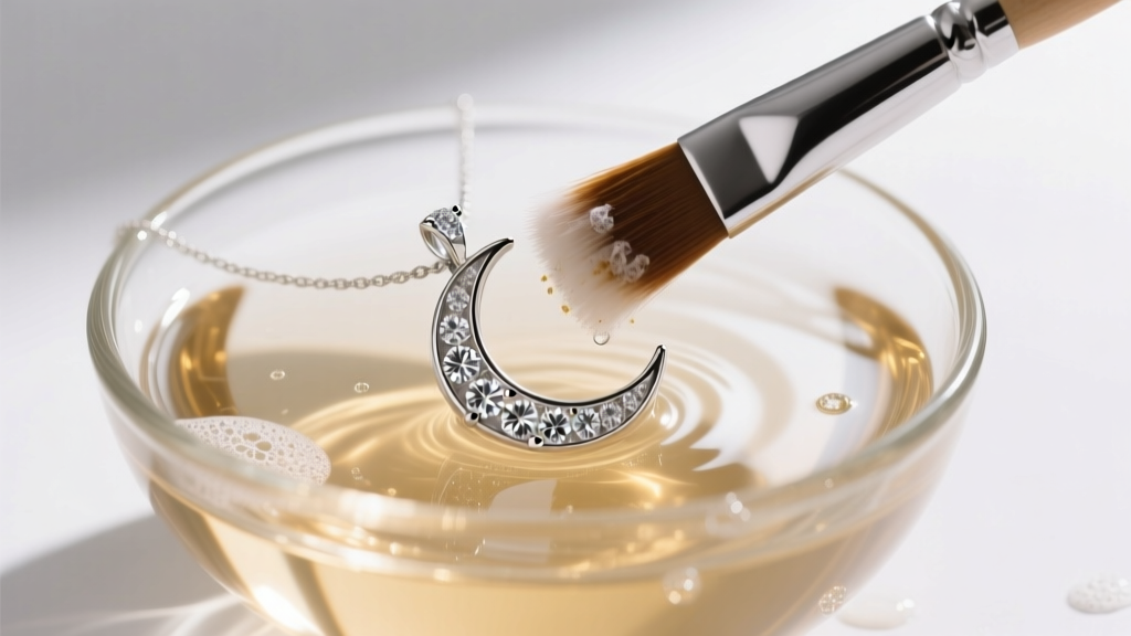 Soft-bristled brush gently scrubbing a platinum diamond crescent moon pendant submerged in a glass bowl of warm soapy water.