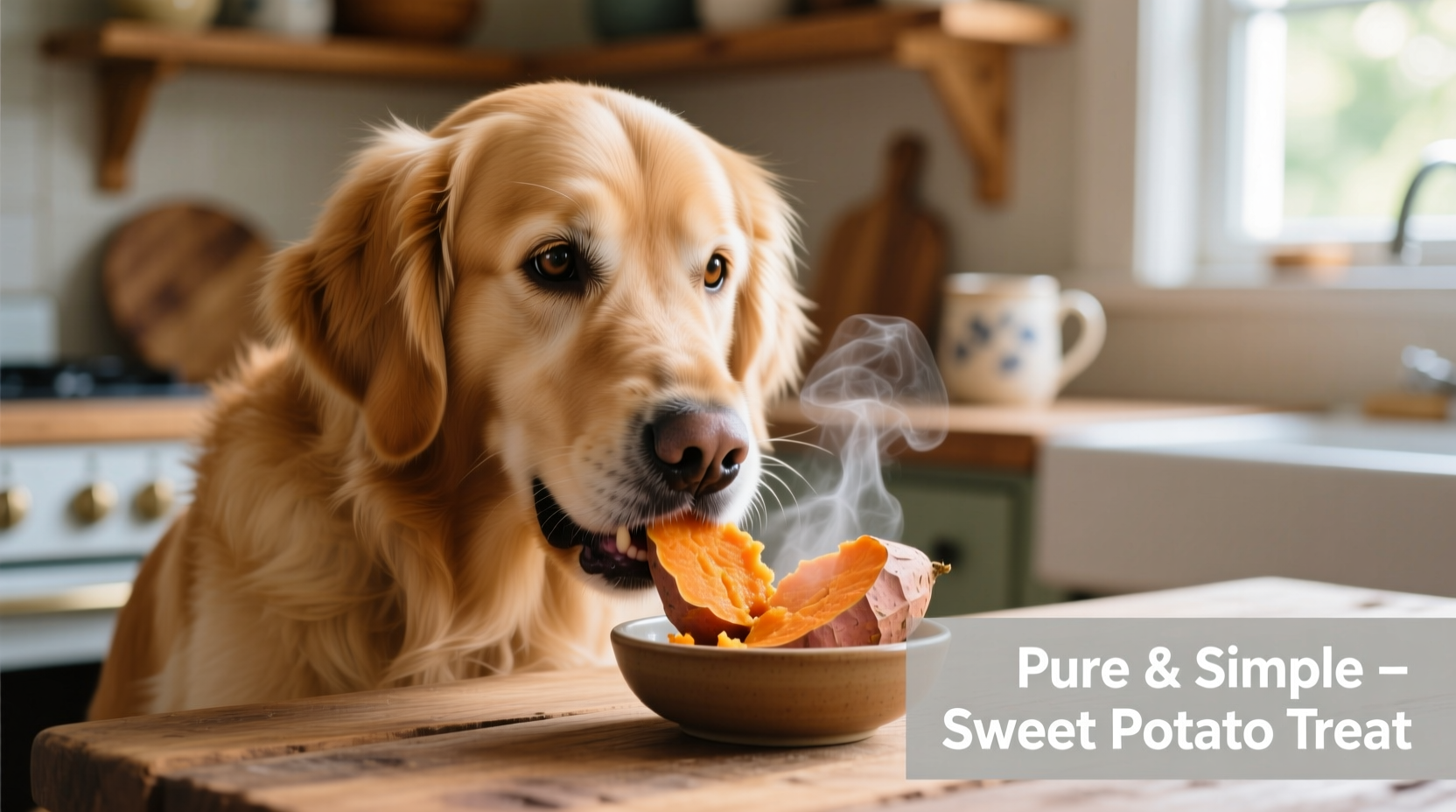 Golden retriever eating small portion of cooked sweet potato