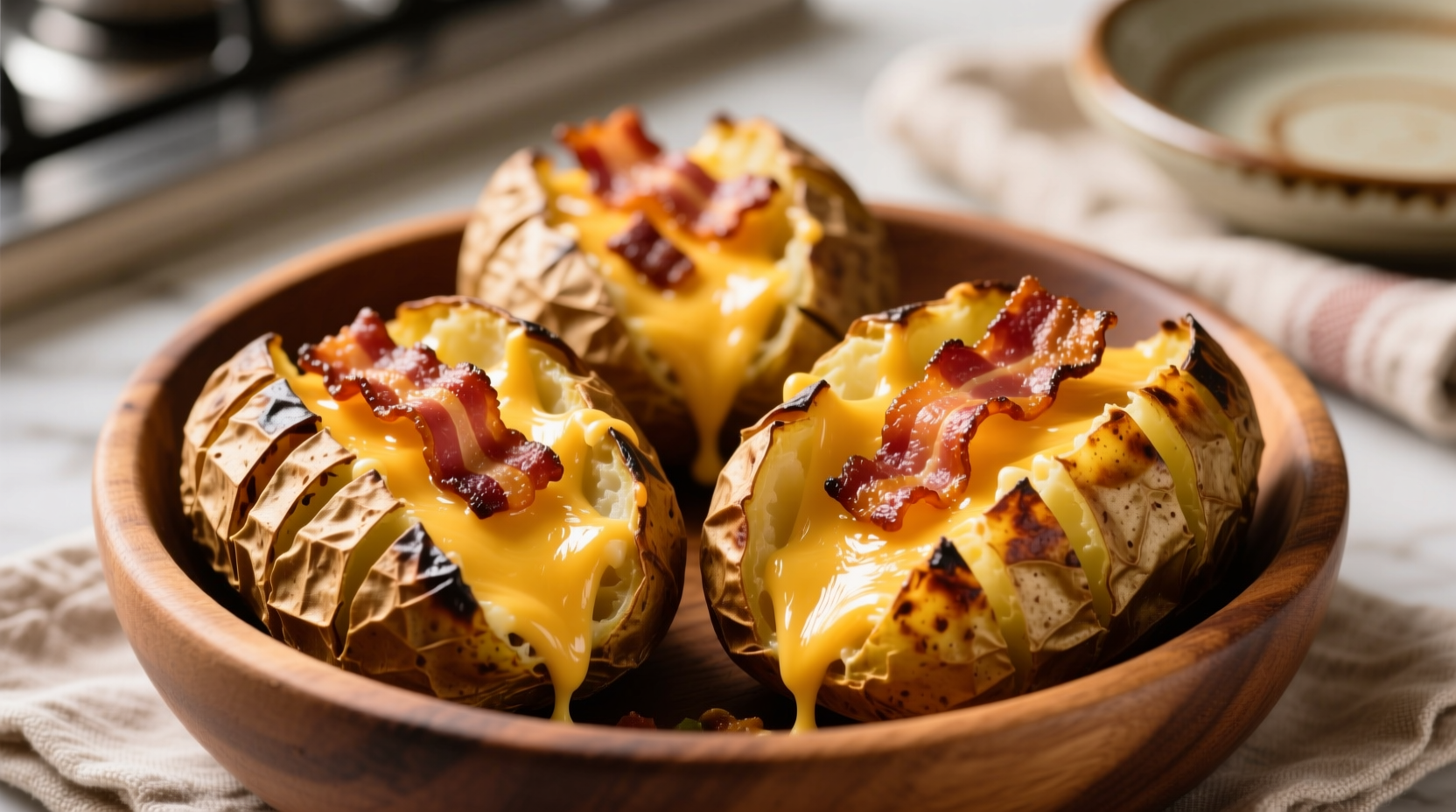 Crispy baked potato skins with melted cheese and bacon