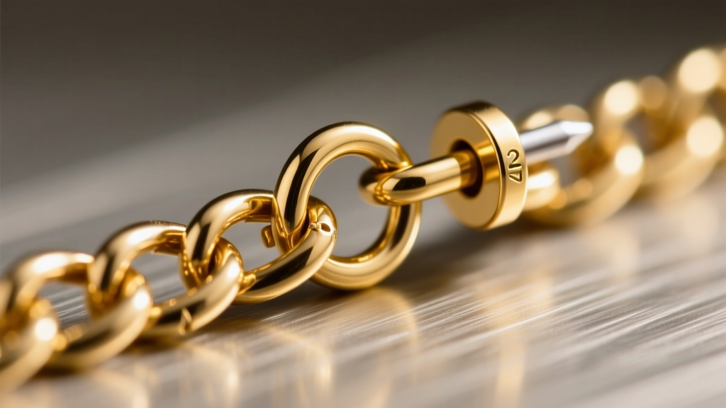 Macro shot of 20-gauge gold rolo chain connecting a cartilage cuff to a lobe stud, highlighting the tiny jump ring solder joints